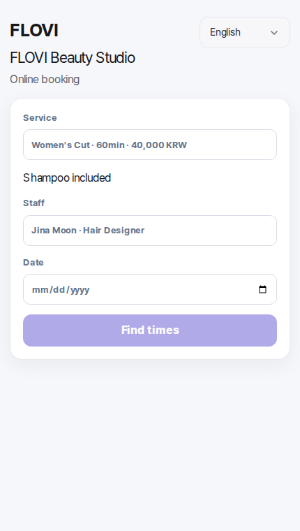 FLOVI customer booking screen in English